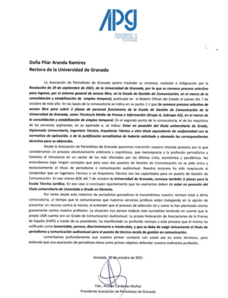 FAPE y APG rechazan la convocatoria de 2 plazas de Gestión de Comunicación en la UGR