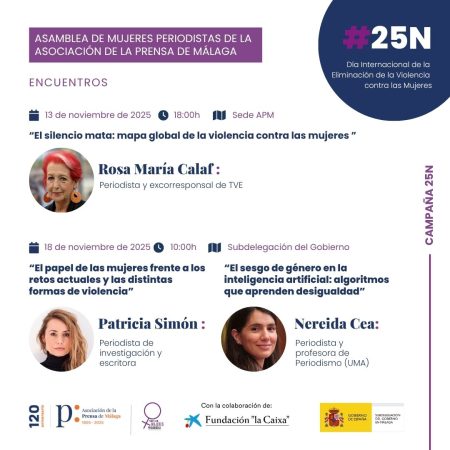 La Asamblea de Mujeres Periodistas de Málaga celebra el 25N con Rosa María Calaf, Patricia Simón y Nereida Cea