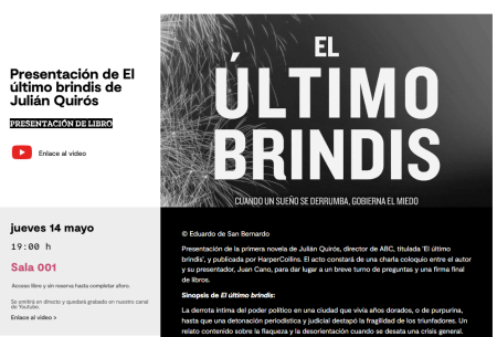 14 MAYO | Julián Quirós presenta su primera novela, ‘El último brindis’, en el Centro Cultural La Malagueta
